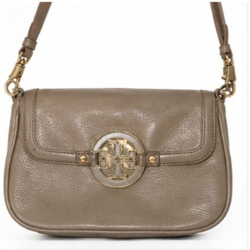 Tory Burch Amanda Taupe Leather Foldover Crossbody Double T Medallion